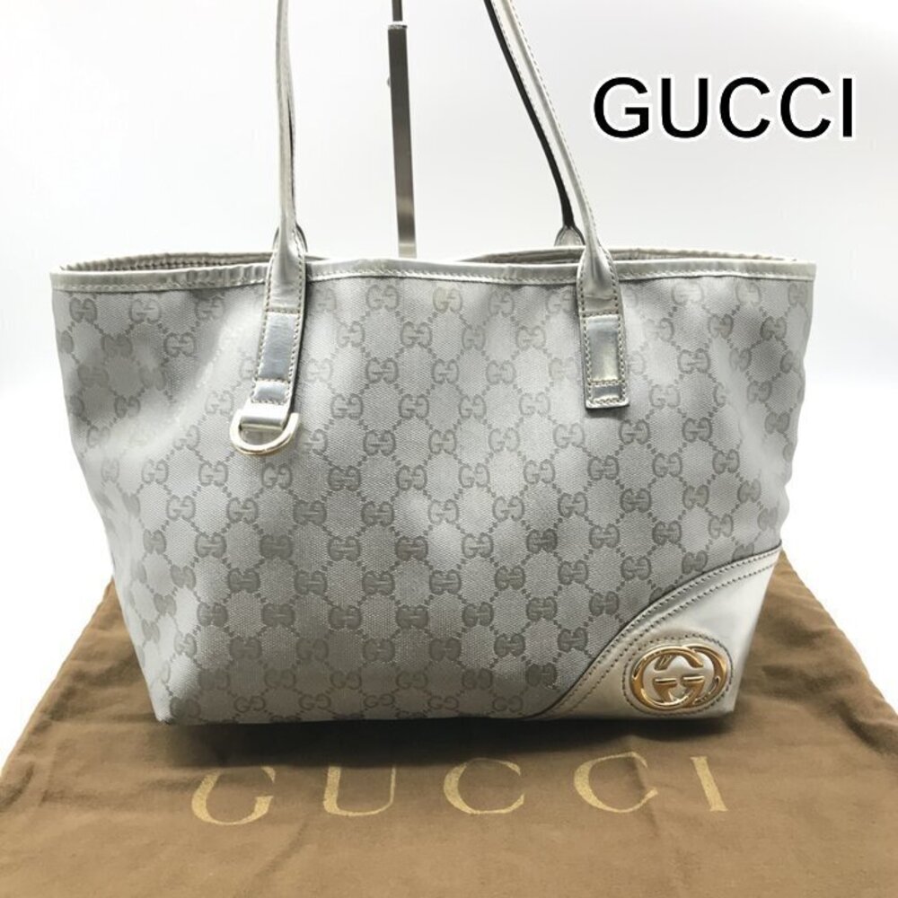 GUCCI GG Canvas Leather Tote Bag Handbag Silver